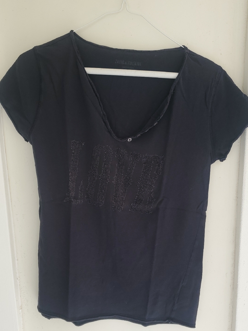 Zadig & Voltaire Black V‑Neck 'LOVE' Short Sleeve Tee